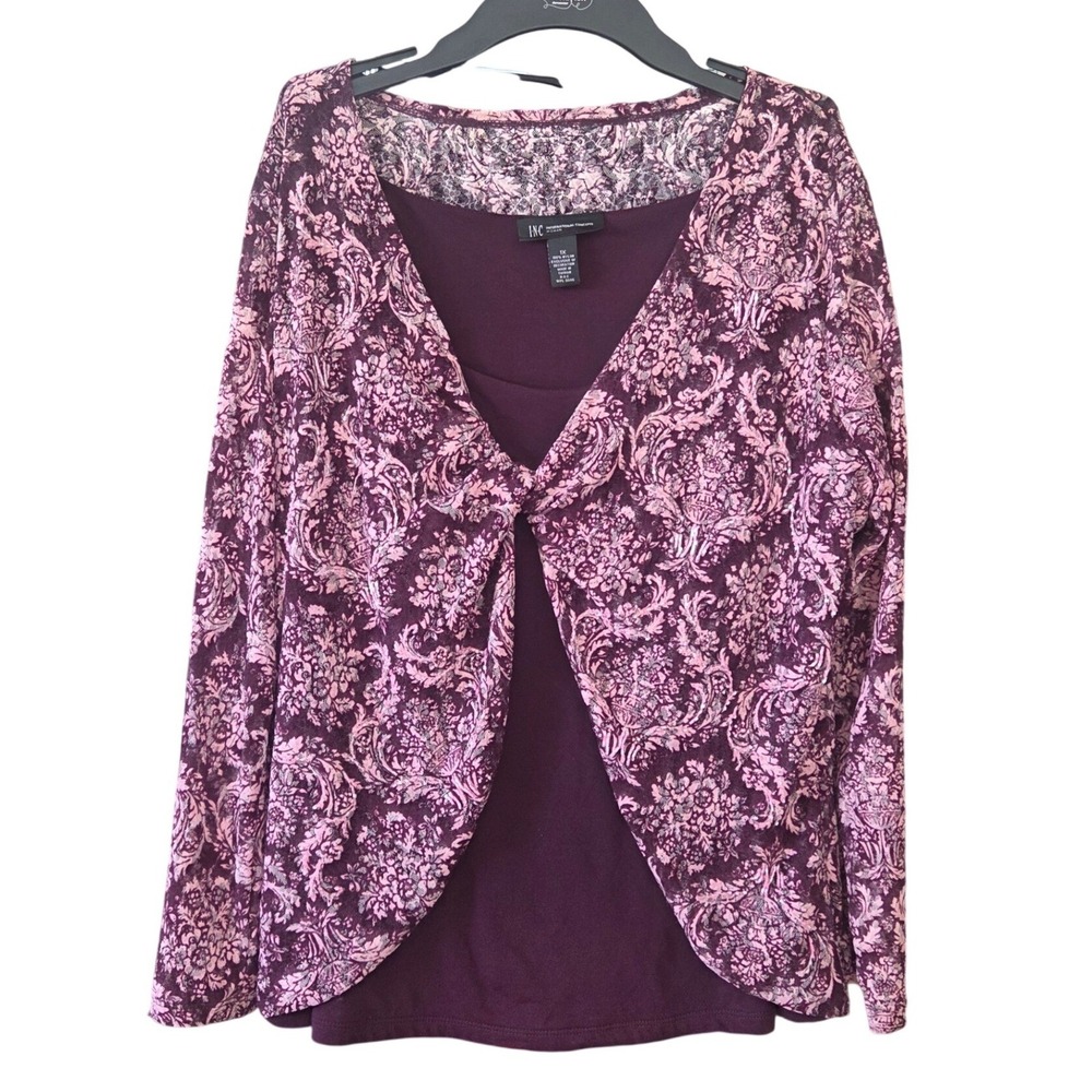 INC Purple Romantic Whimsical‎ Coquette 1X Beaded Lace Damask Long Sleeve Top